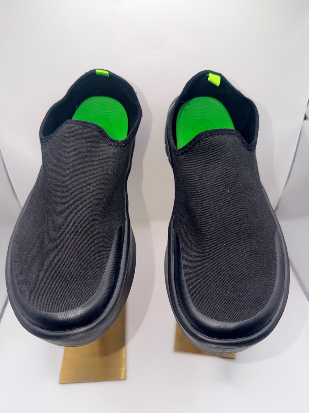 OOFOS Black Slip-On Athletic Shoes with Neon Green Insole